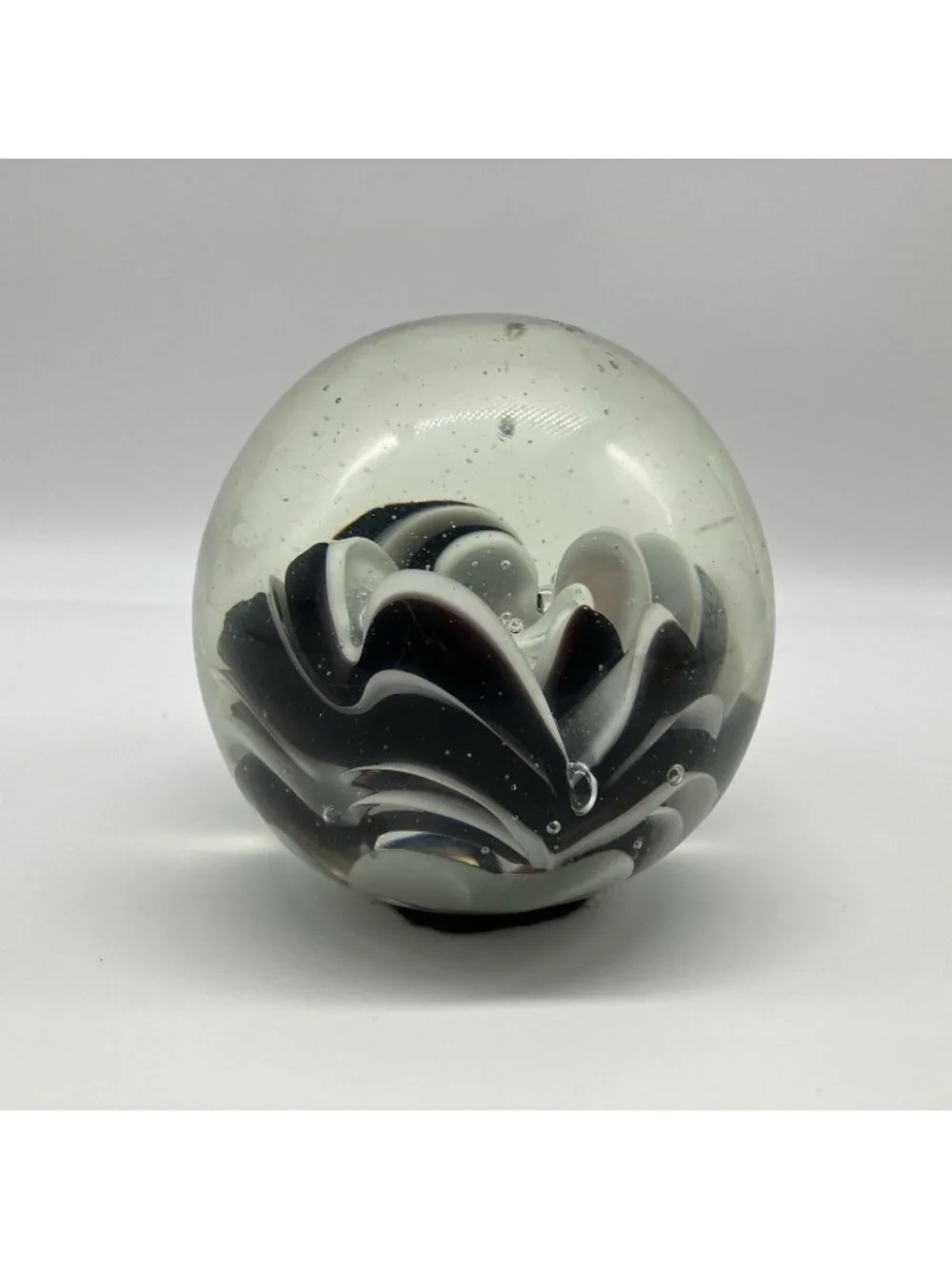 Vintage Art Glass Black White Floral Swirl Paperweight 3.25” - W18
